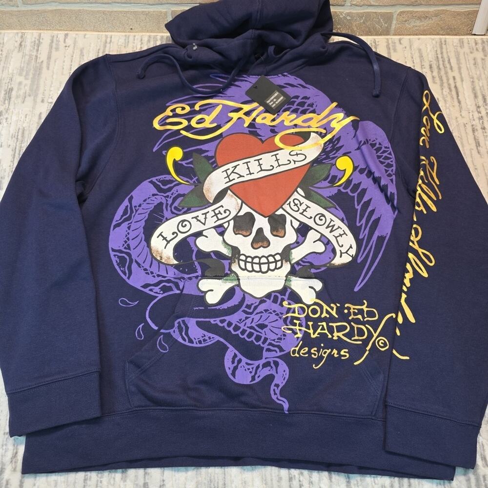 Ed Hardy Hoodie Men's Love Kills Slowly Purple Sz XL New
